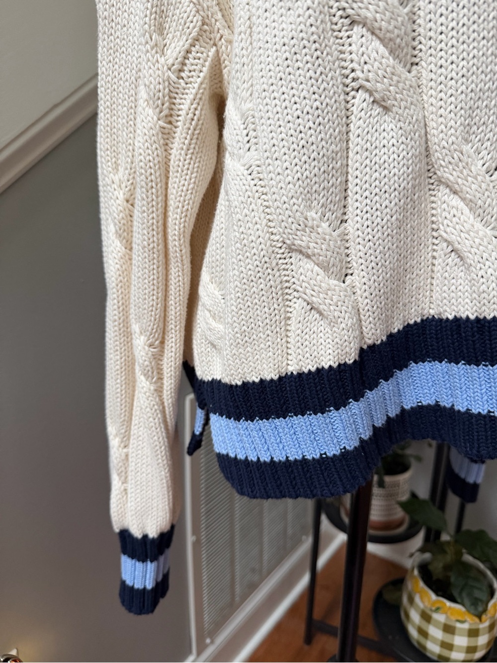 Cream & Blue Cropped Cable Knit V-Neck Varsity Sweater - Picture 6 of 8